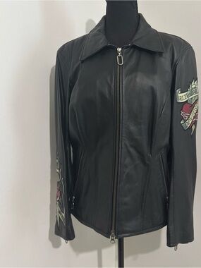 Harley-Davidson Black Leather Zip Jacket with Tattoo-Style Sleeve Art vintage